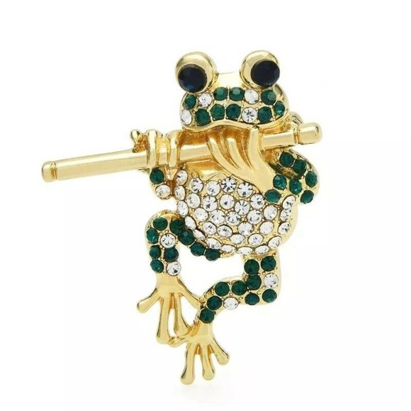 Frog Pin/Pendant Playing Flute Emerald Green Crystal Pave Gold Plate NWT M217 - Picture 6 of 6